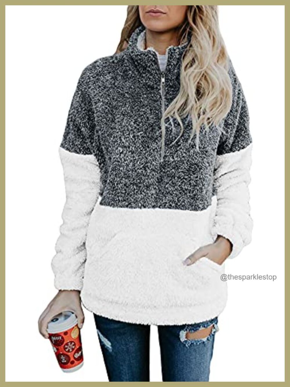 Sherpa Quarter Zip Pullover Women Loose Fit Plaid Color Block Sweatshirt